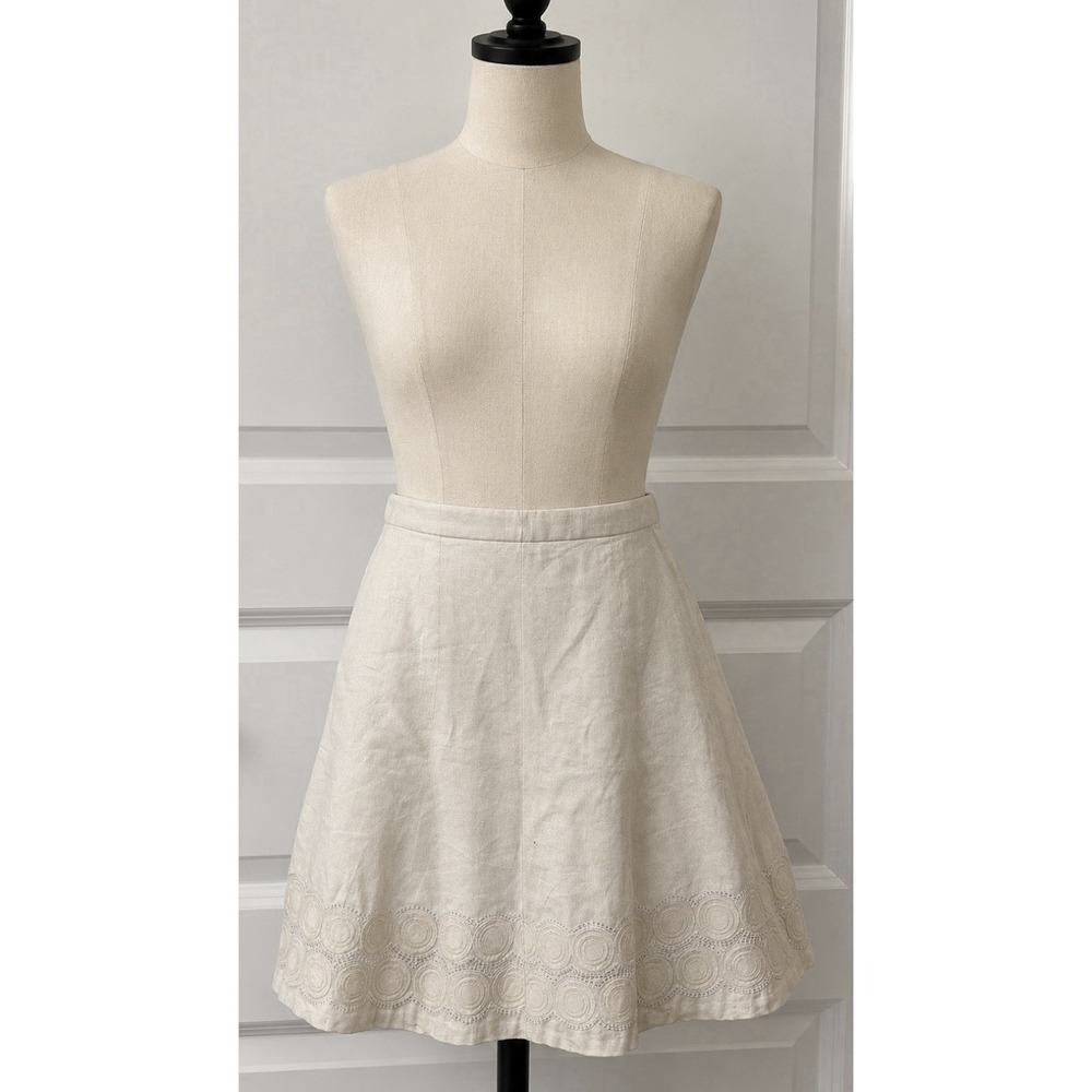 Women's J CREW Ivory Size 4 Linen A Line Skirt Embroidered Embellished Lined